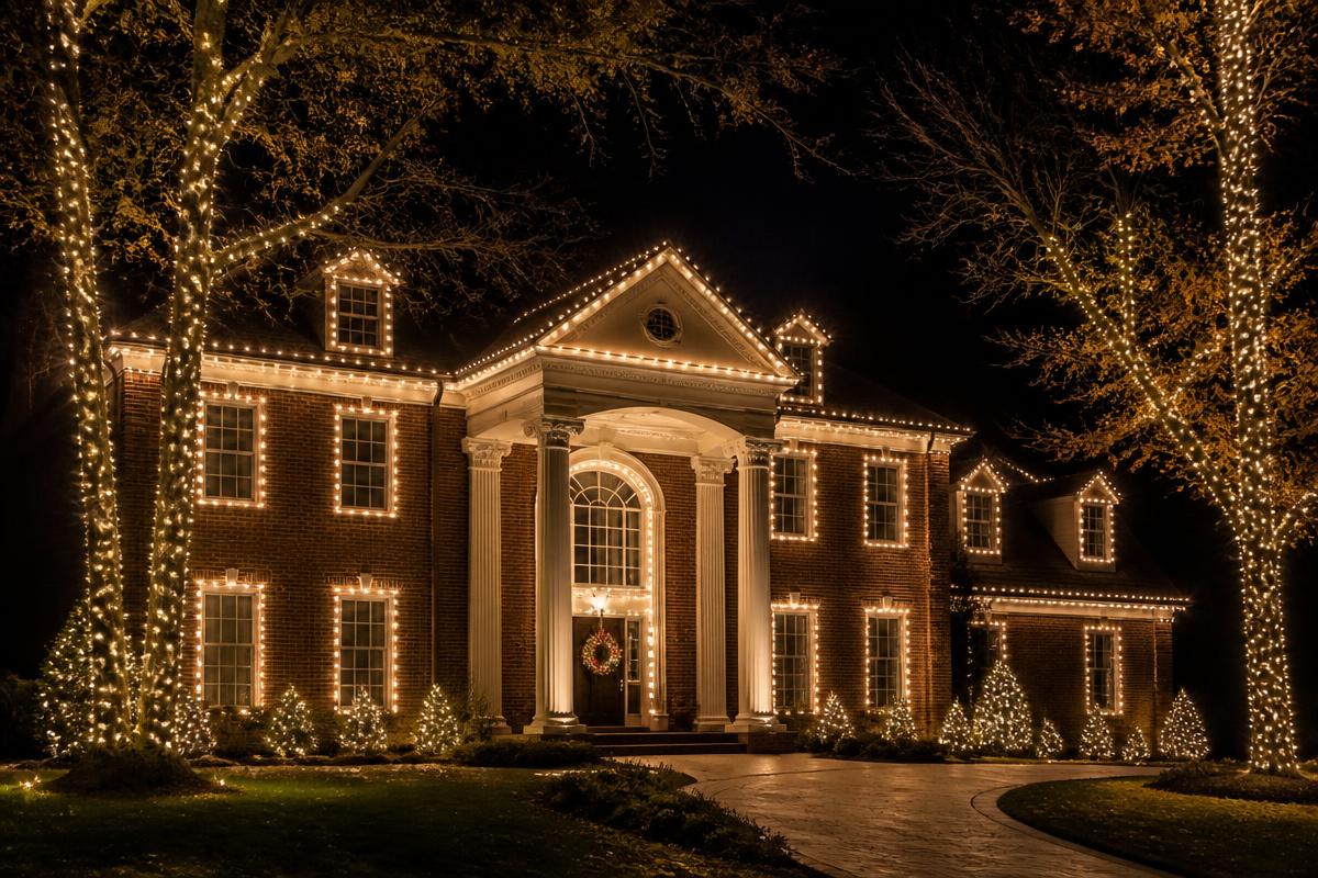 Entryway Christmas lighting with wreath and garland in Ankeny